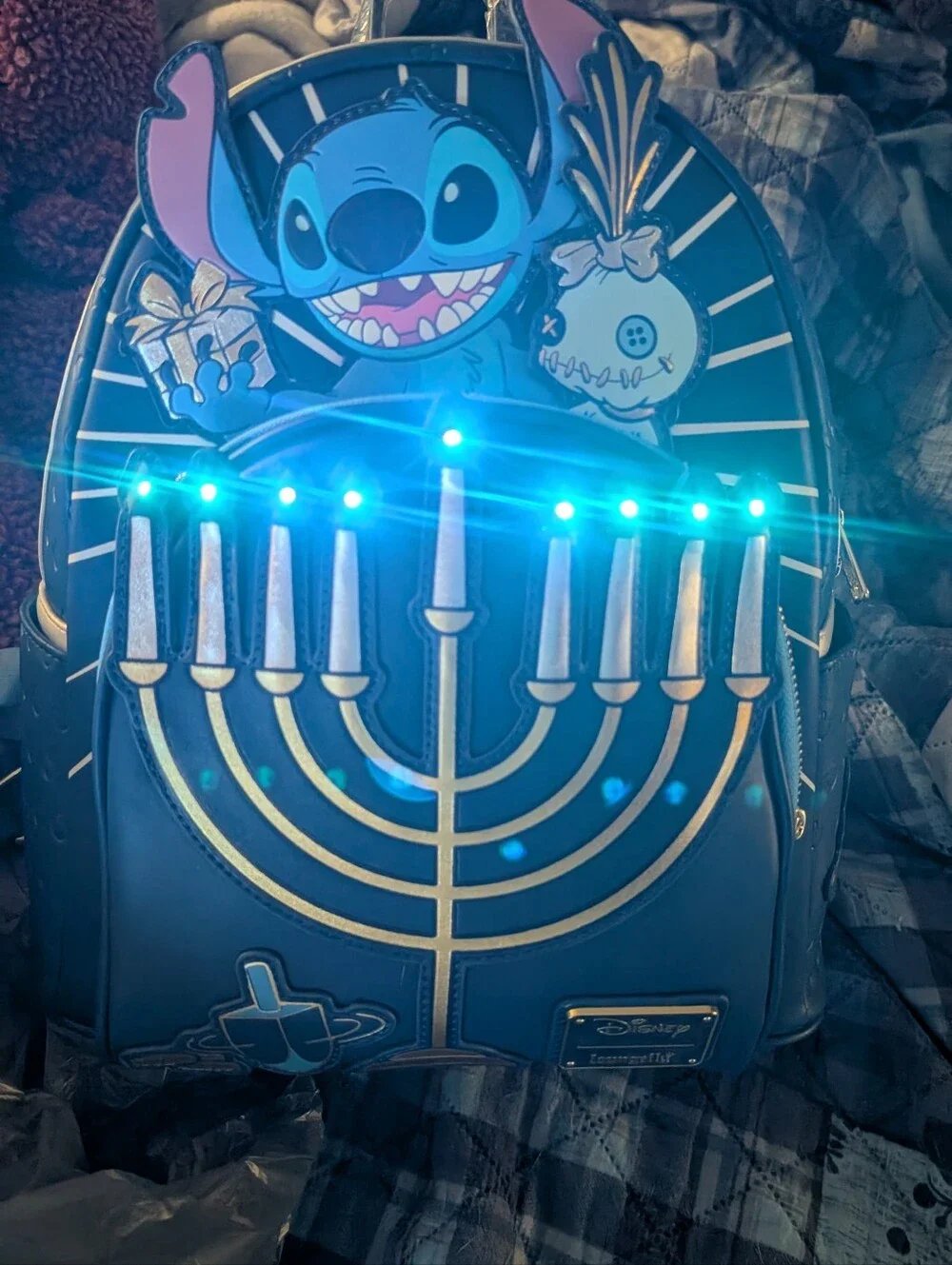 Disney Kids Blue Stitch Backpack with Gold Menorah and Blue LED Lights